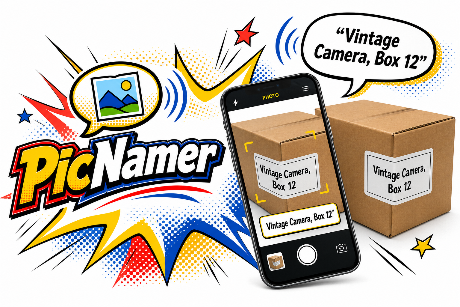 PicNamer in action: a phone photographing moving boxes, each labeled by voice as 'Vintage Camera, Box 12'.